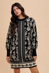 Annie Wear Floral Jacquard Round Neck Sweater Dress Black Oatmeal OutfitFlow