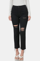 Zenana Distressed Raw Hem Cropped Jeans Black OutfitFlow