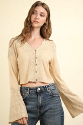 VERY J V-Neck Lace Detail Button Down Crop Ribbed Knit Top Natural OutfitFlow