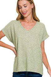 Zenana Soft Melange Hacci V-neck Tee LT OLIVE OutfitFlow