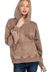 Zenana Fleece Acid Wash Kangaroo Pocket Hoodie BROWN OutfitFlow