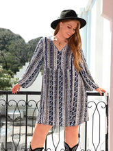 Plus Size Boho Print V-Neck Long Sleeve Mini Dress Dark Blue OutfitFlow