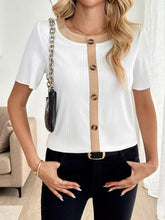 Decor Button Round Neck Short Sleeve Blouse White Trendsi