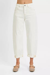 RISEN Full Size High Rise Barrel Cropped Jeans Plus Size CREAM OutfitFlow