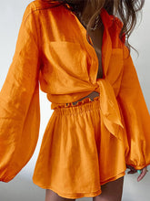 Full Size Button Up Balloon Sleeve Top and Shorts Set Plus Size Orange OutfitFlow