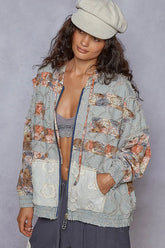 POL Zip Up Floral and Lace Patch Washed Denim Jacket Light OutfitFlow