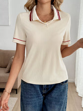 Striped Trim Short Sleeve Top Beige Trendsi
