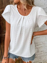 Eyelet Petal Sleeve Top with Pom Pom Trim White OutfitFlow