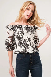 And The Why Smocked Off-Shoulder Floral Printed Top BLACK CREAM OutfitFlow