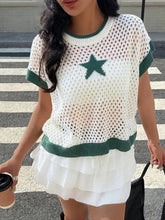 Star Pattern Mesh Knit Short Sleeve Knit Top White OutfitFlow