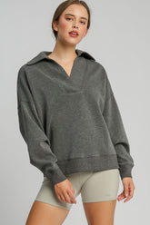 Umgee Johnny Collar Dropped Shoulder Sweatshirt Charcoal OutfitFlow