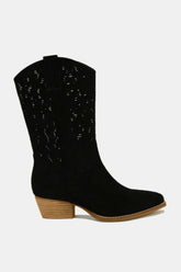 Beast Fashion Faux Suede Laser Cut Detail Block Heel Boots Black OutfitFlow