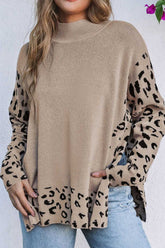 Slit Leopard Mock Neck Dropped Shoulder Sweater Khaki OutfitFlow