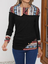 Printed Collared Neck Long Sleeve Blouse Black OutfitFlow