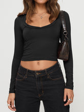 Scoop Neck Long Sleeve Cropped T-Shirt Black OutfitFlow