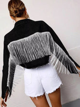 Fringe Button Up Cropped Denim Jacket Black OutfitFlow