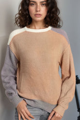 Color Block Round Neck Drop Shoulder Sweater Tan OutfitFlow