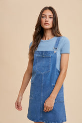Annie Wear Wide Strap Denim Overall Dress with Pockets Indigo Washed Denim OutfitFlow