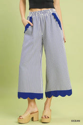 Umgee Stripe Scallop Hem Wide Leg Pants OCEAN Trendsi
