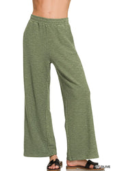 Zenana Cotton Slub Wide Leg Pants LT OLIVE OutfitFlow