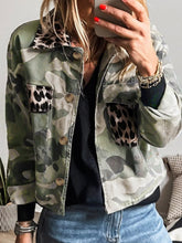 Camo Print Leopard Trim Button Up Jacket Green Camouflage OutfitFlow