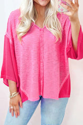 Exposed Seam V-Neck Three-Quarter Sleeve Blouse Hot Pink OutfitFlow