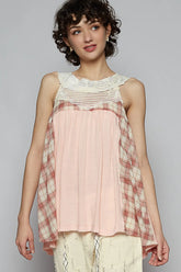 POL Crochet Lace Plaid Panel Detail Tank Watermelon pink OutfitFlow