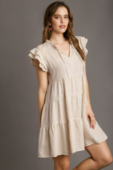 Umgee Full Size Linen A-line Tiered Mini Dress Plus Size OATMEAL OutfitFlow