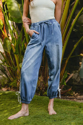 BiBi Striped Tape Details With Bot Tied Point Elastic Waist Jeans OFF WHITE OutfitFlow