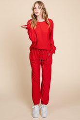 Super Lady Full Size Crinkle Check Round Neck Top and Pants Lounge Set Red OutfitFlow