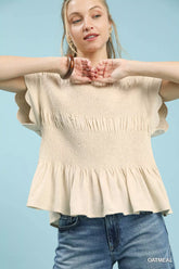 Umgee Linen Blend Smocked Peplum Blouse OATMEAL OutfitFlow