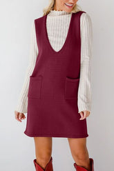 Lovelet Pocketed V-Neck Mini Sweater Overall Dress Burgundy OutfitFlow