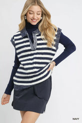Umgee Cable Knit Collared Striped Vest Sweater Navy OutfitFlow