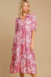 Umgee Full Size Ruffled Hem Floral Paisley Print Half Sleeve Midi Dress Plus Size PINK MIX OutfitFlow