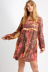 Umgee Full Size Tie Dye Long Sleeve Babydoll Dress with Keyhole Plus Size CORAL MOCHA OutfitFlow