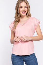 ACTIVE BASIC Lace Trim V-Neck Short Sleeve Ribbed Top PINK OutfitFlow