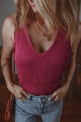 Ribbed Textured Exposed Stitching Knit Tank Top Cerise OutfitFlow
