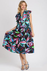 Umgee Full Size Leaf Print Double Layered Ruffle Sleeve Tiered Midi Dress Plus Size BLACKMIX OutfitFlow