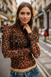 Oh Full Size Frill Printed Mock Neck Long Sleeve Top Leopard OutfitFlow