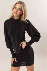 HYFVE Glitter Mock Neck Long Sleeve Mini Dress Black OutfitFlow