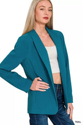 Zenana Woven Long Sleeve Blazer With Lining TEAL OutfitFlow