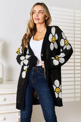 Perfee Floral Button Down Longline Cardigan Black OutfitFlow