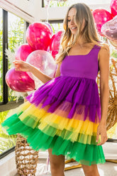 BiBi Mardi Gras Color Block Layered Mesh Tiered Dress PURPLE MUSTARD GREEN OutfitFlow