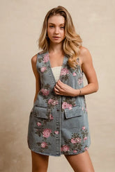 BiBi Floral Print Washed Denim Long Rider Vest Medium OutfitFlow