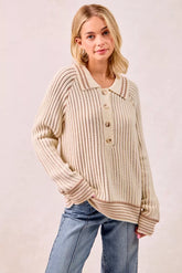BiBi Half Button Ribbed Two Tone Sweater CREAM LATTE OutfitFlow
