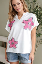 Floral Applique Notched Dolman Sleeve Top White OutfitFlow
