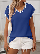 Contrast Trim V-Neck Short Sleeve Knit Top Royal Blue OutfitFlow