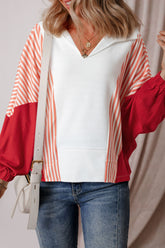 Striped Johnny Collar Long Sleeve Sweatshirt White OutfitFlow