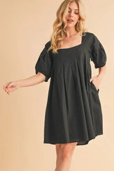Aemi + Co Square Neck Babydoll Dress with Pockets BLACK OutfitFlow
