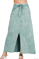 Zenana French Terry Acid Washed Front Slit Long Skirts ASH BLUE OutfitFlow